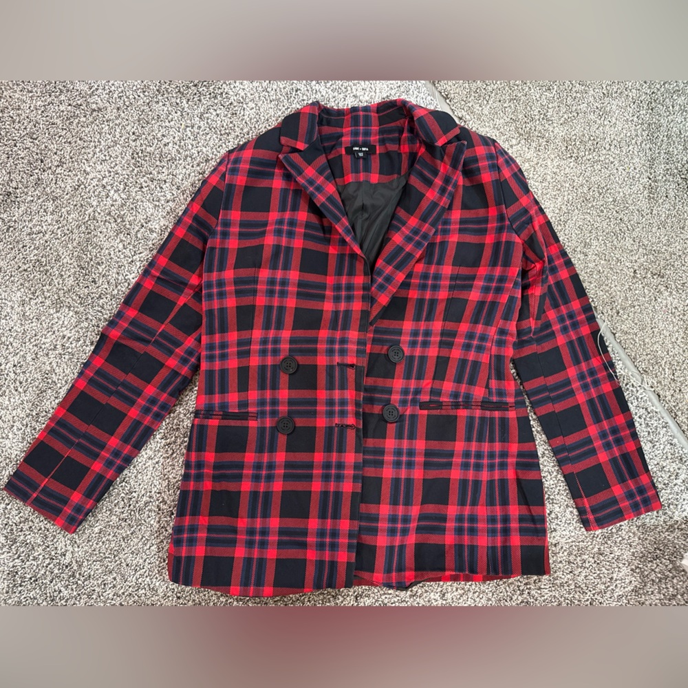 Saint + Sofia plaid organic cotton blazer, women's size 8 - Picture 6 of 10